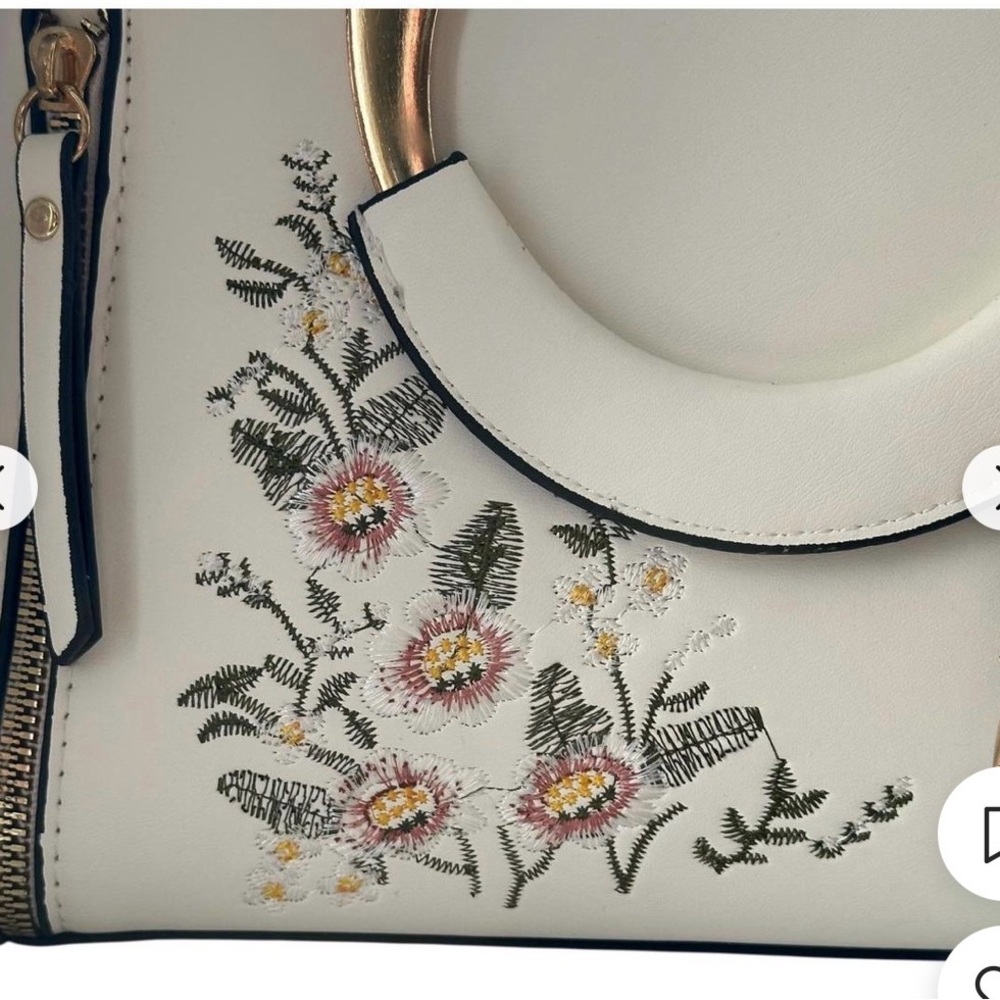 Cream Floral Embroidered Structured Satchel Crossbody Bag Cat Coin Purse Charm - Picture 12 of 15